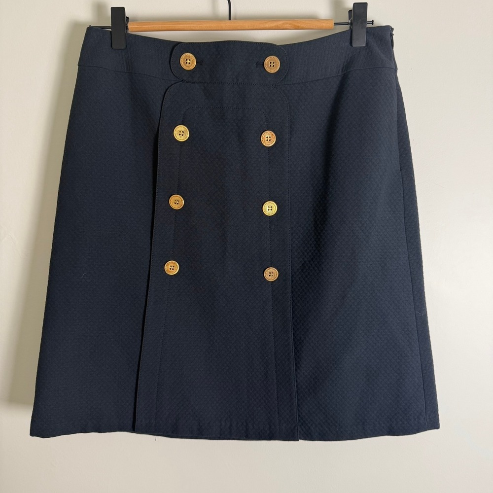 J. McLaughlin Cotton Skirt Women's Size 6 Navy Blue Quilted Gold Button Detail‎